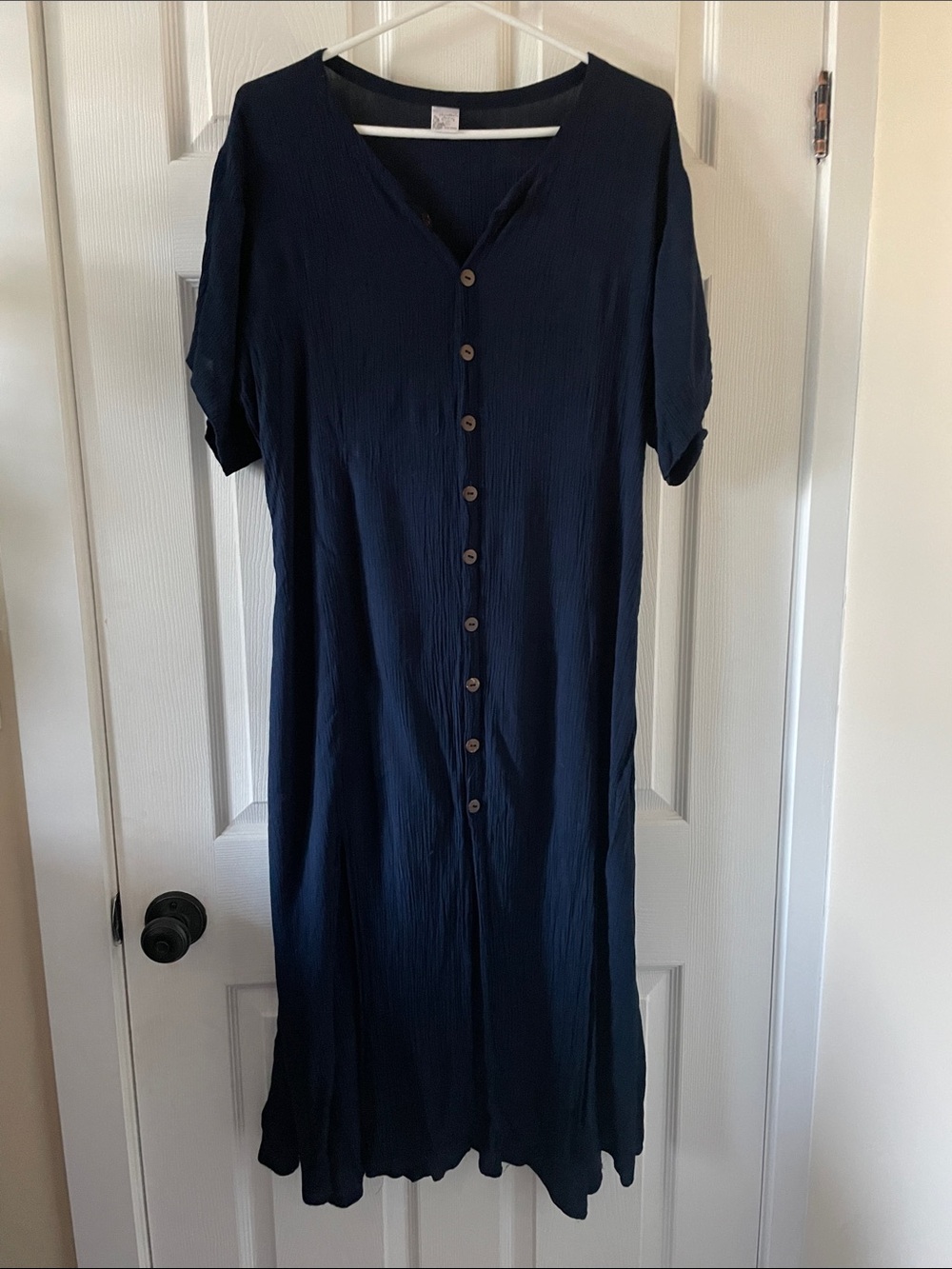 1990s vintage shambhala clothing co button up navy blue crinkle dress